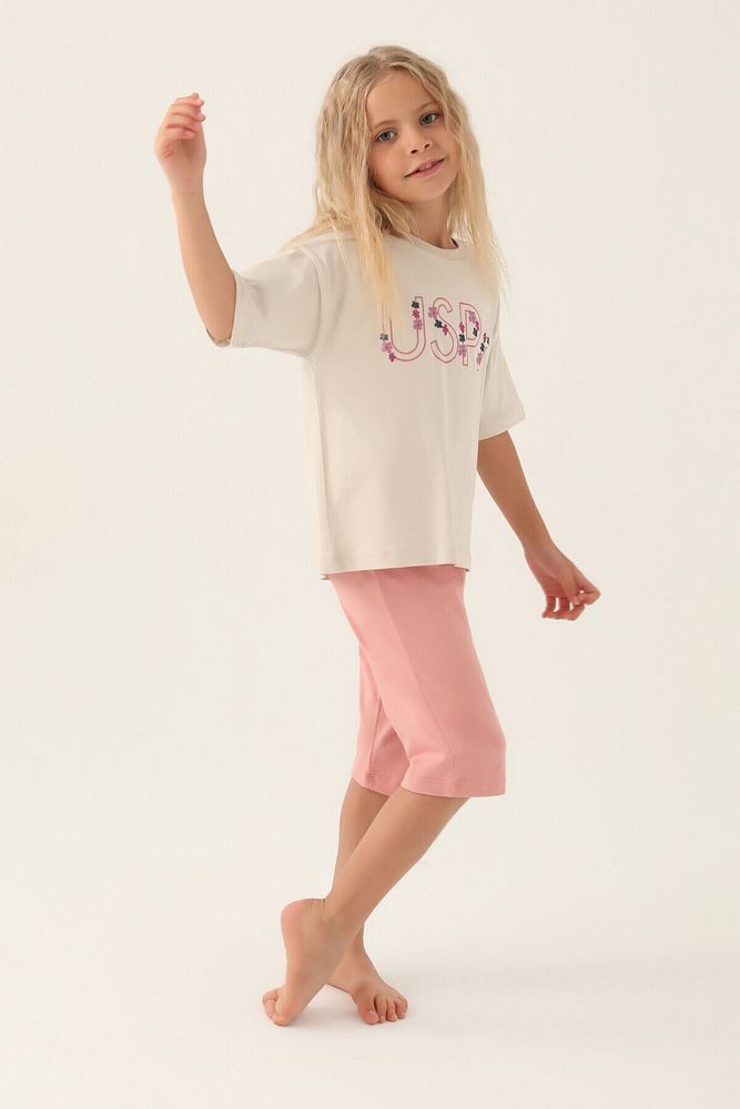 U.S. Polo Assn Lisanslı Flower Printed Bej Kız Çocuk Kapri Takım