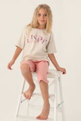 U.S. Polo Assn Lisanslı Flower Printed Bej Kız Çocuk Kapri Takım