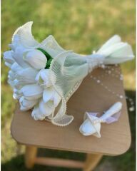 Gelin Buketi Islak Lale İnçili Beyaz Damat Yaka Çiçeği