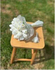 Yeni Sezon Taşlı Gelin Buketi Islak Lale İnçili Beyaz Damat Yaka Çiçeği