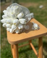 Yeni Sezon Taşlı Gelin Buketi Islak Lale İnçili Beyaz Damat Yaka Çiçeği