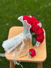 Yeni Sezon Gelin Çiçeği Ve Damat Yaka Çiçeği Kırmızı Gül Demeti! Nişan Düğün Buketi