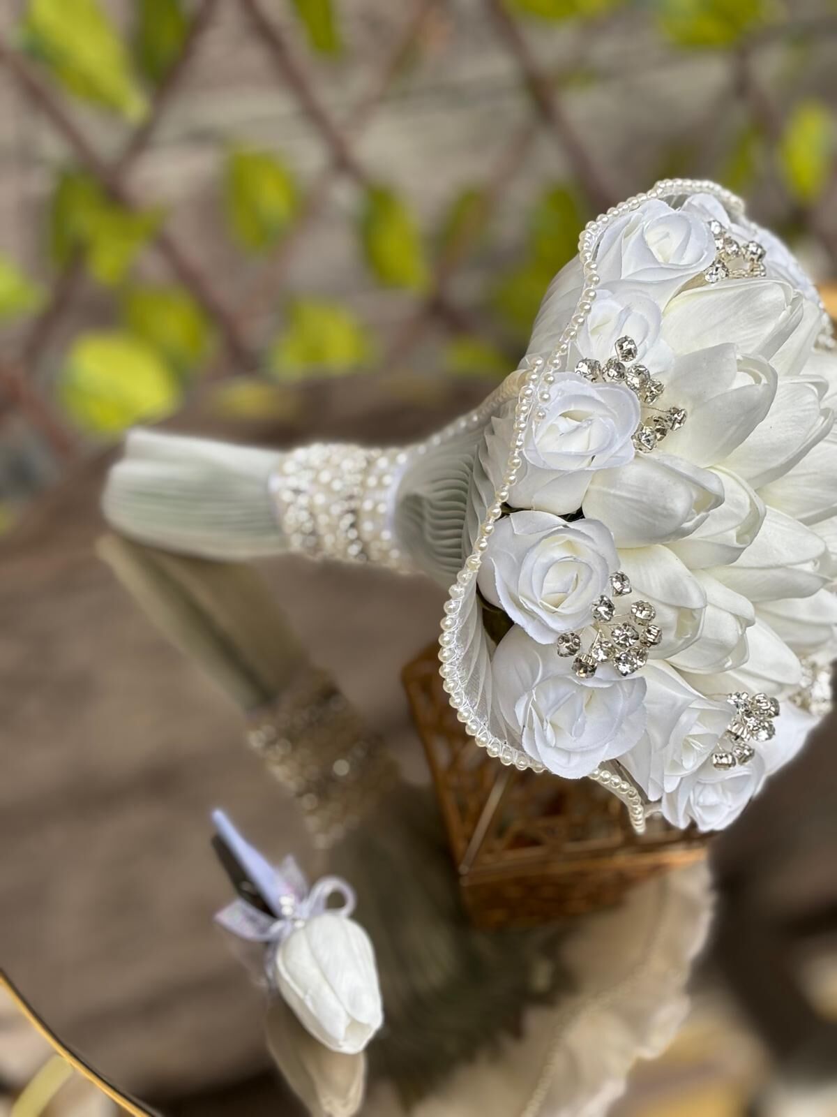 Yeni Sezon Gül Gelin Çiçeği Tüllü Taşlı Gelin Buketi Damat Yaka Çiçeği