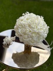 Yeni Sezon Lateks Incili Gelin Çiçeği Ve Damat Yaka Çiçeği Lateks Nişan Düğün Buketi