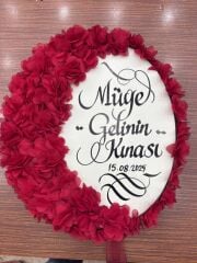 Bordo Gelin Tefi 30 cm Üç Boyutlu Çiçek Saten Kurdele Süslü, Düğün Kına Nedime