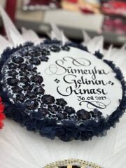 Laçivert Gelin Tefi 30 cm Kaligrafi Sanatlı, Kına Gecesi Düğün Bekarlığa Veda Defi