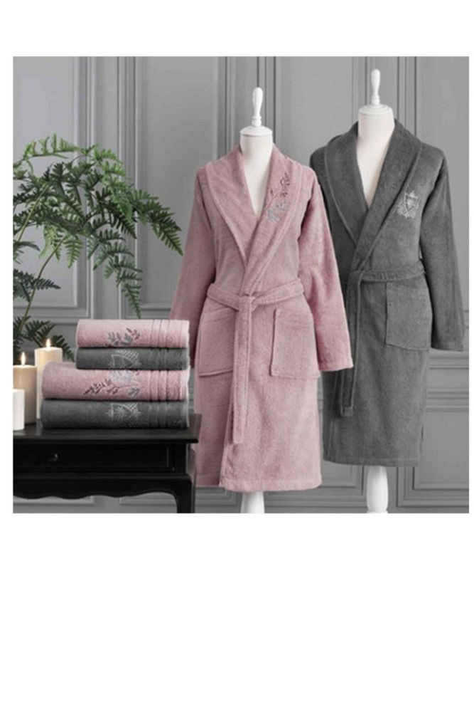 Soft Leaf Aile Bornoz Seti Pembe-antrasit