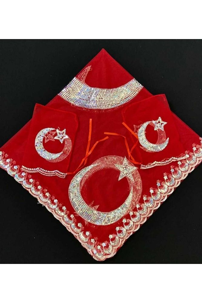 Kırmızı Damat Sağdıç Kına Omuz Örtüsü Eldivenli Pullu Ayyıldız Motifli DAMAT