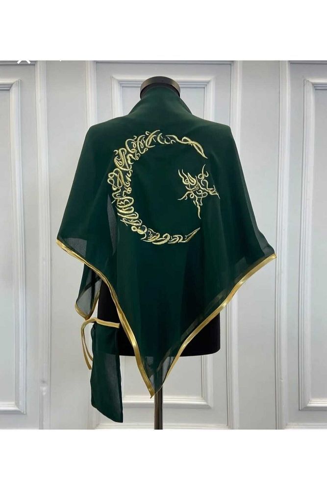 Yeşil Şifon Lüks Damat Omuz Örtüsü Gold Ayyıldız Nakışlı
